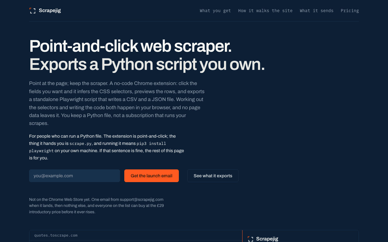 Screenshot of the ScrapeJig website